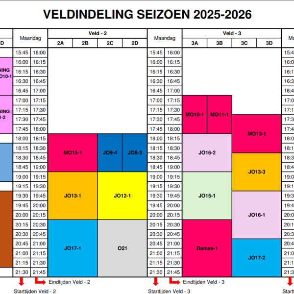 Trainingstijden - Veldindeling I Voetbalseizoen 2025 / 2026