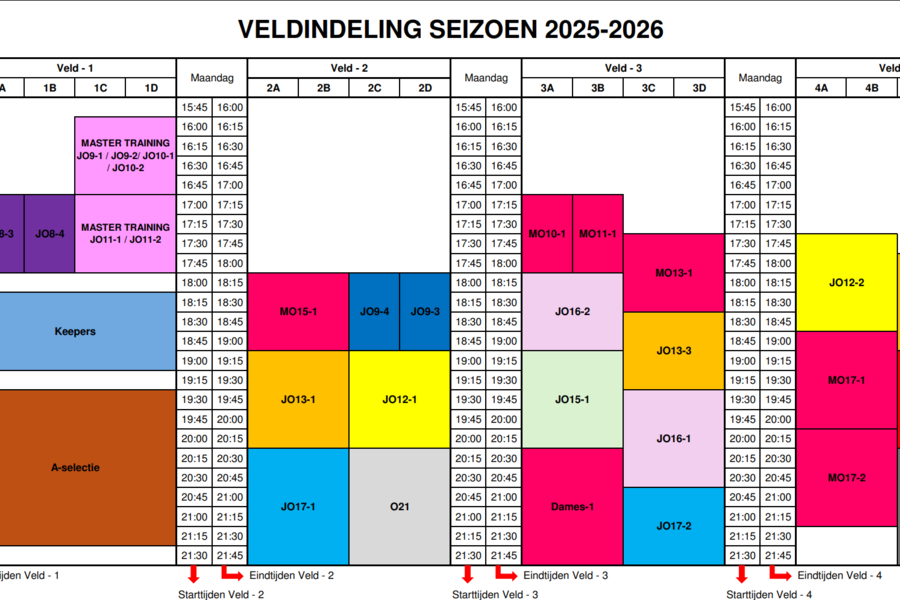 Trainingstijden - Veldindeling I Voetbalseizoen 2025 / 2026
